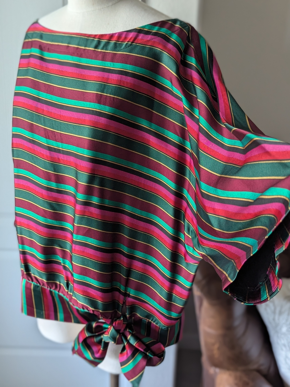 Trina Turk Burgundy Pink & Green Striped Tie-Hem Blouse